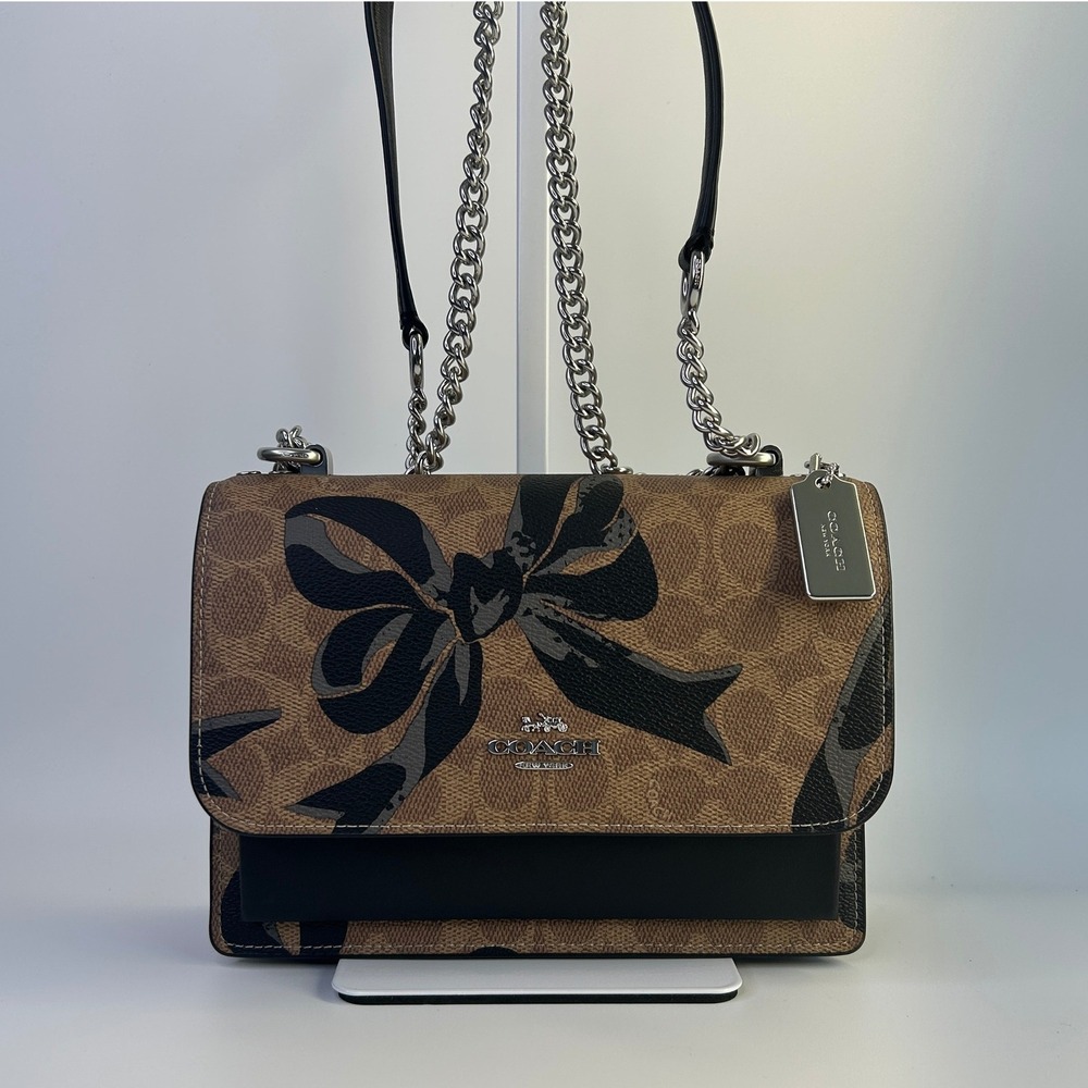 Coach Klare Crossbody Bag Signature Canvas Bow Print Brown Leather Excellent